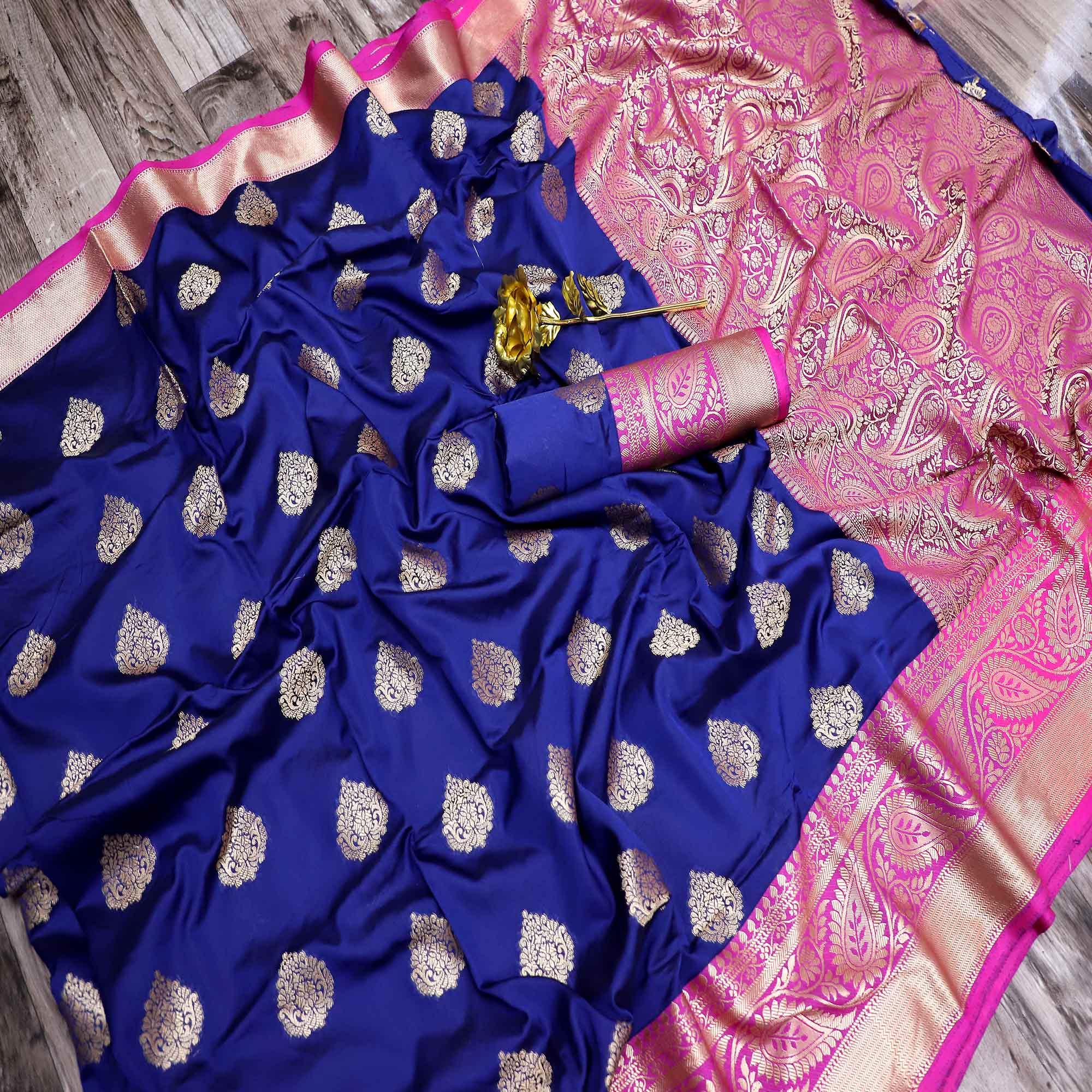 Adorable Navy Blue Colored Festive Wear Woven Banarasi Silk Saree - Peachmode