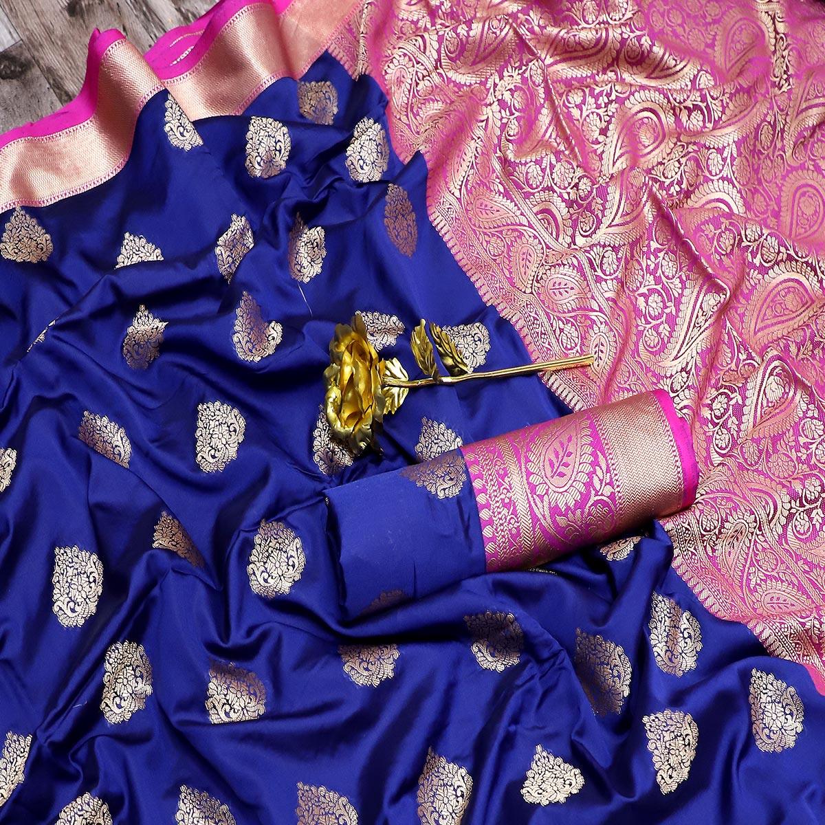 Adorable Navy Blue Colored Festive Wear Woven Banarasi Silk Saree - Peachmode