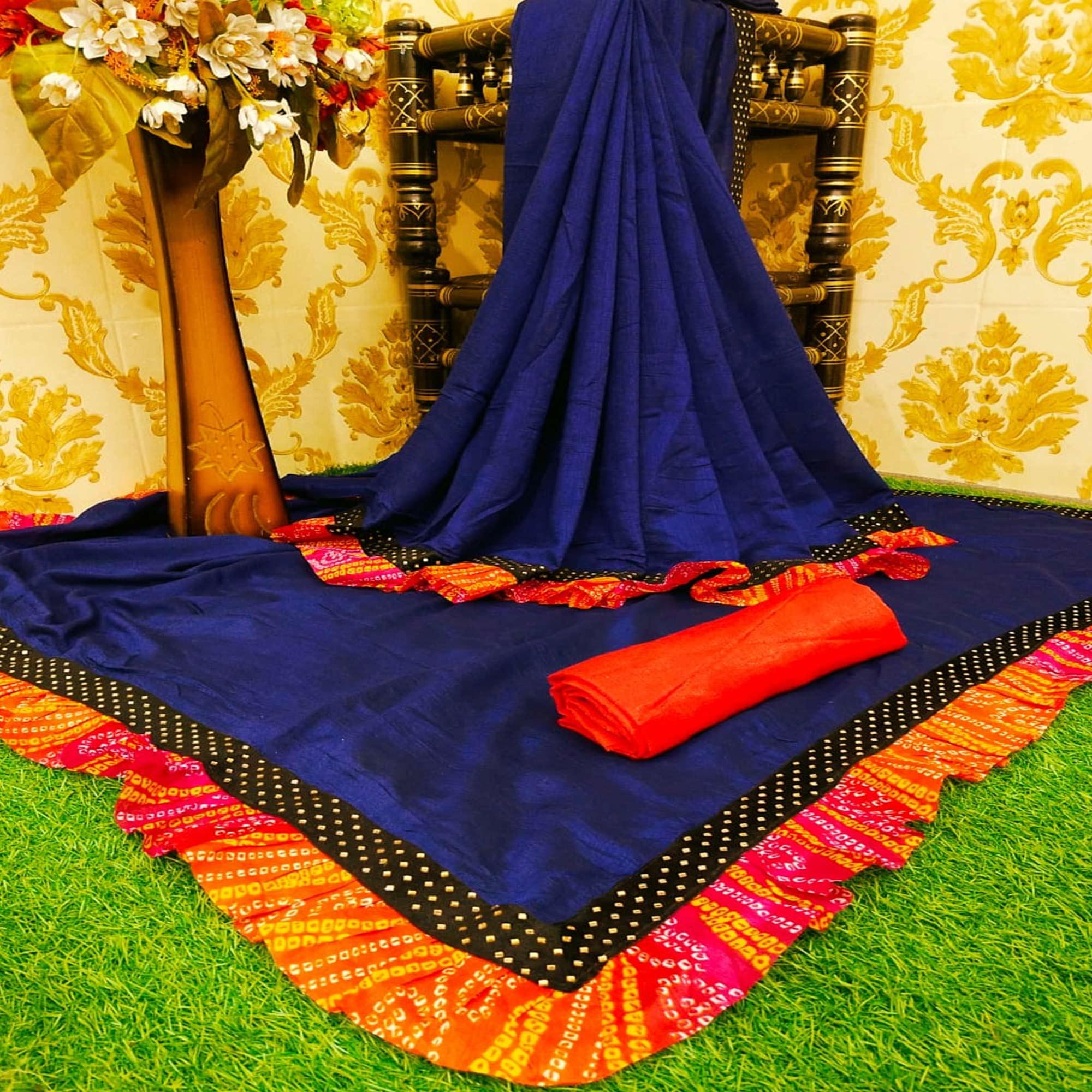 Adorable Navy Blue Colored Partywear Solid Vichitra Silk Saree With Bandhani Print Ruffle - Peachmode