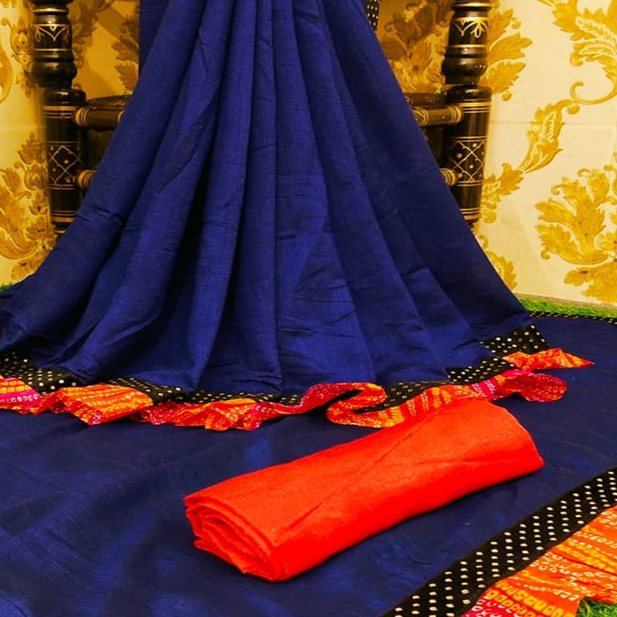 Adorable Navy Blue Colored Partywear Solid Vichitra Silk Saree With Bandhani Print Ruffle - Peachmode
