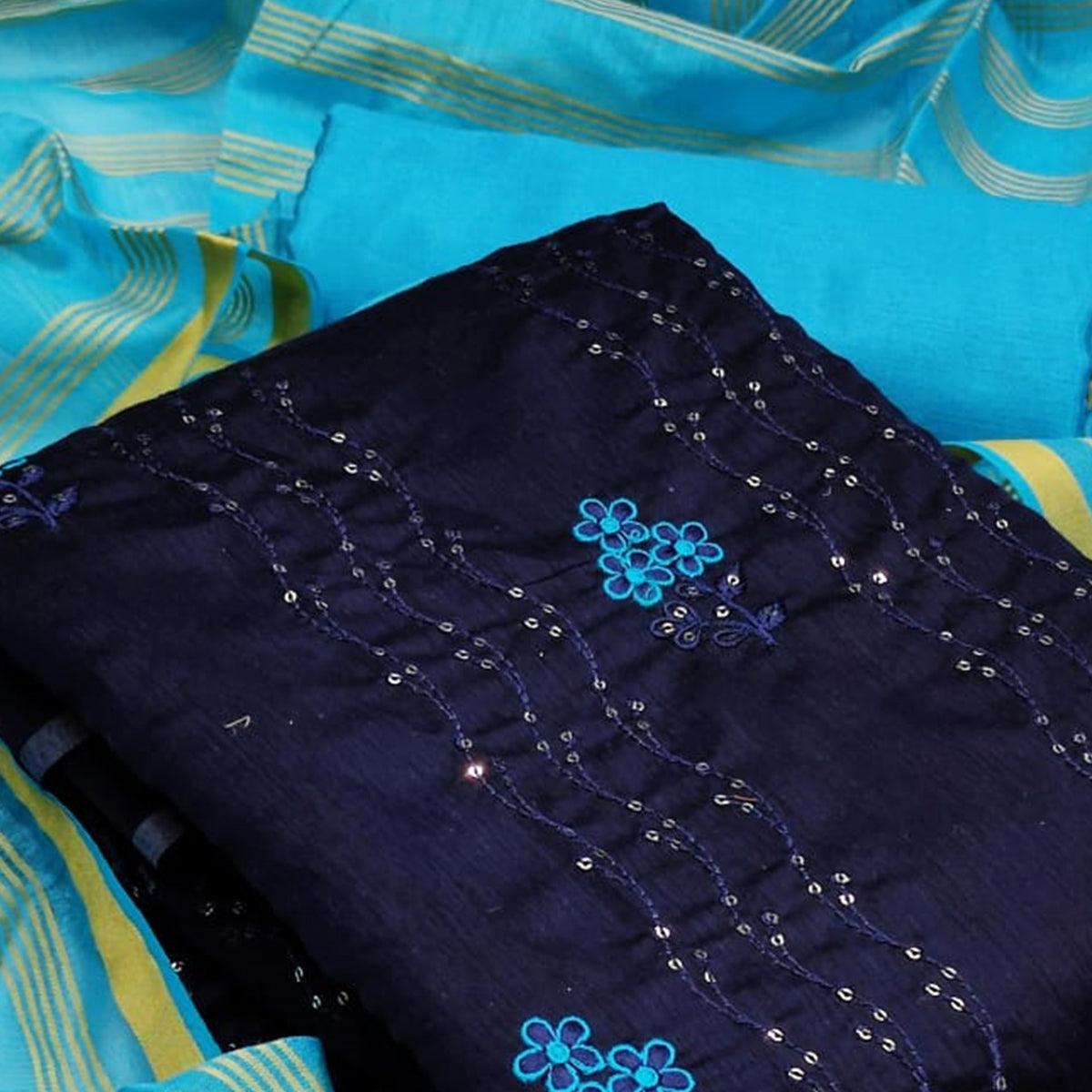 Adorable Navy Blue - Light Rama Colored Casual Wear Embroidered Chanderi Dress Material - Peachmode