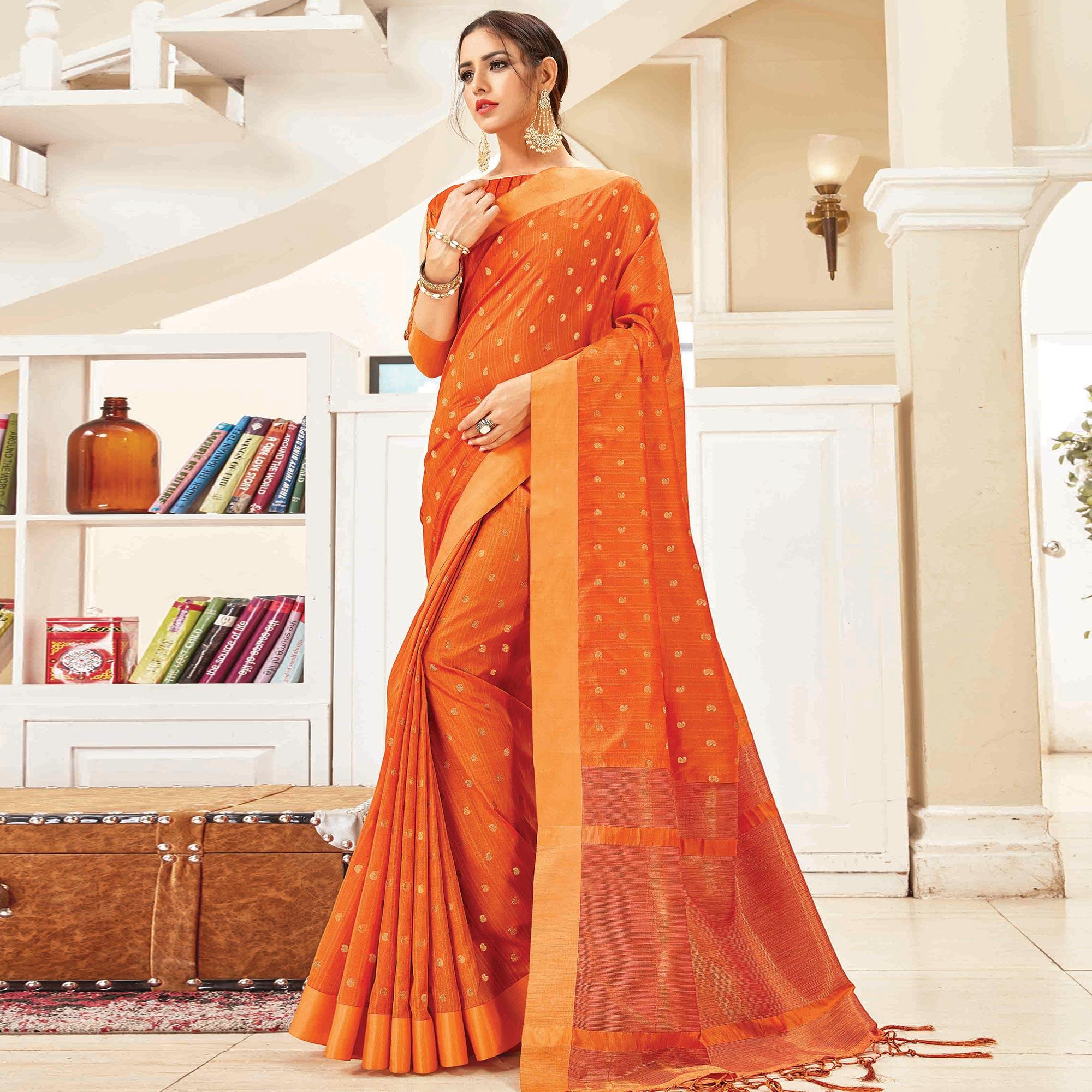 Adorable Orange Colored Festive Wear Woven Handloom Silk Saree With Tassels - Peachmode