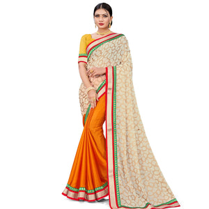 Adorable Orange-Cream Colored party Wear Georgette Half-Half Saree - Peachmode