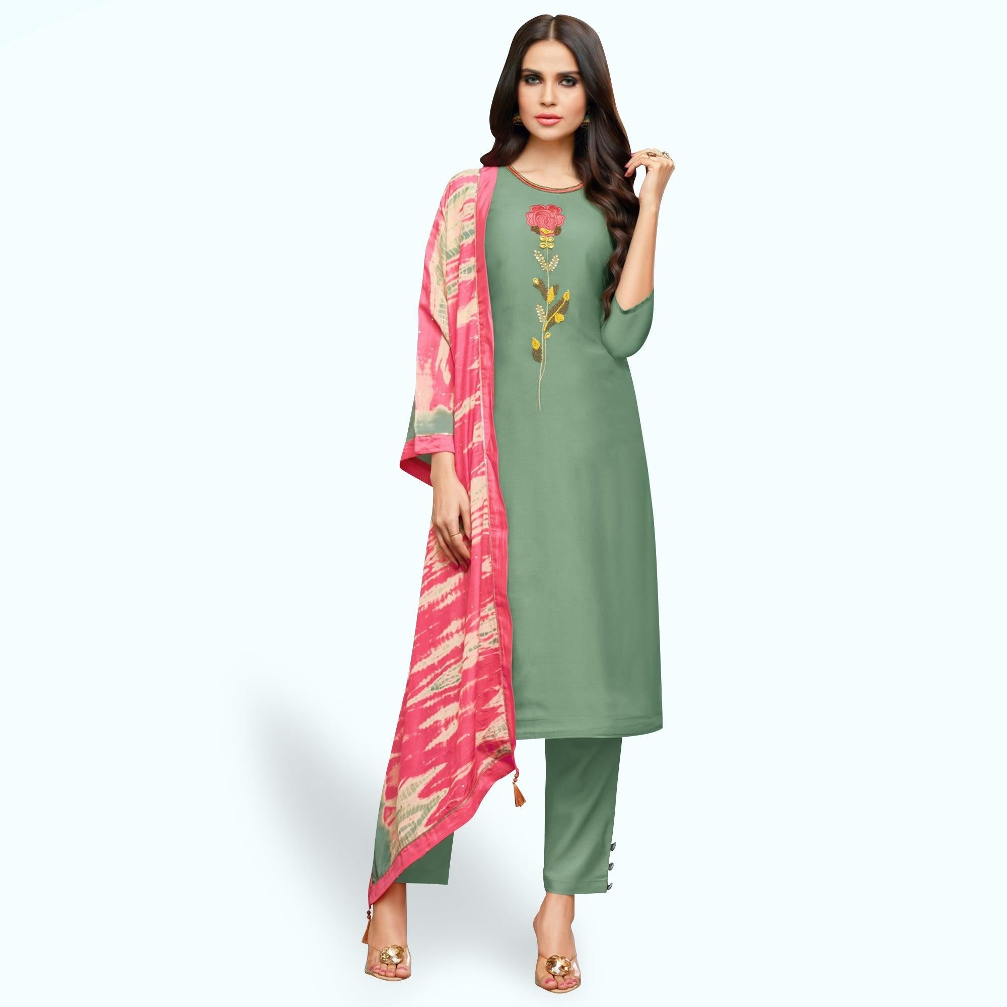 Adorable Pastel Green Colored Party Wear Cotton Silk Salwar Suit - Peachmode