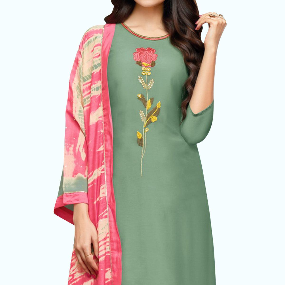 Adorable Pastel Green Colored Party Wear Cotton Silk Salwar Suit - Peachmode