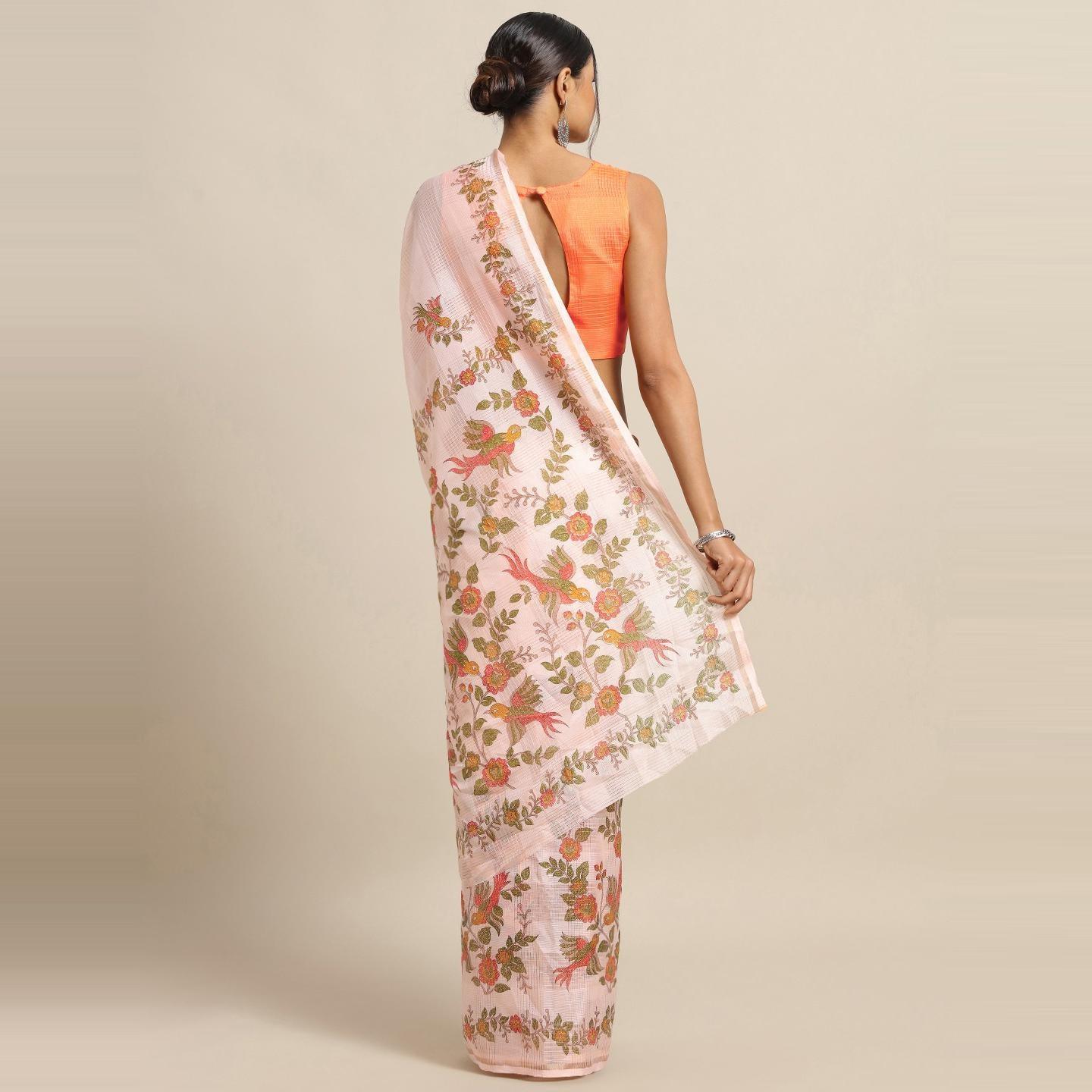 Adorable Peach Colored Casual Wear Floral Printed Linen Saree - Peachmode