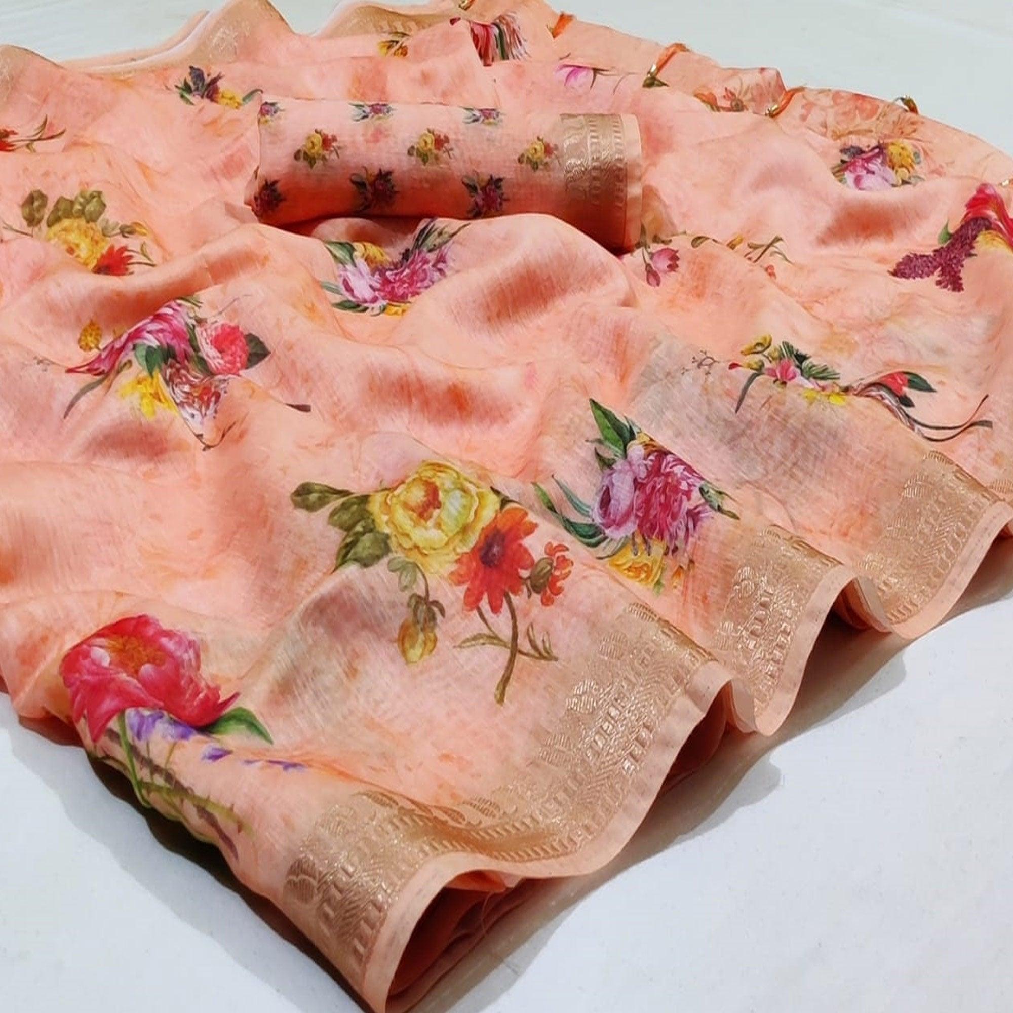 Adorable Peach Colored Casual Wear Floral Printed Silk Saree - Peachmode