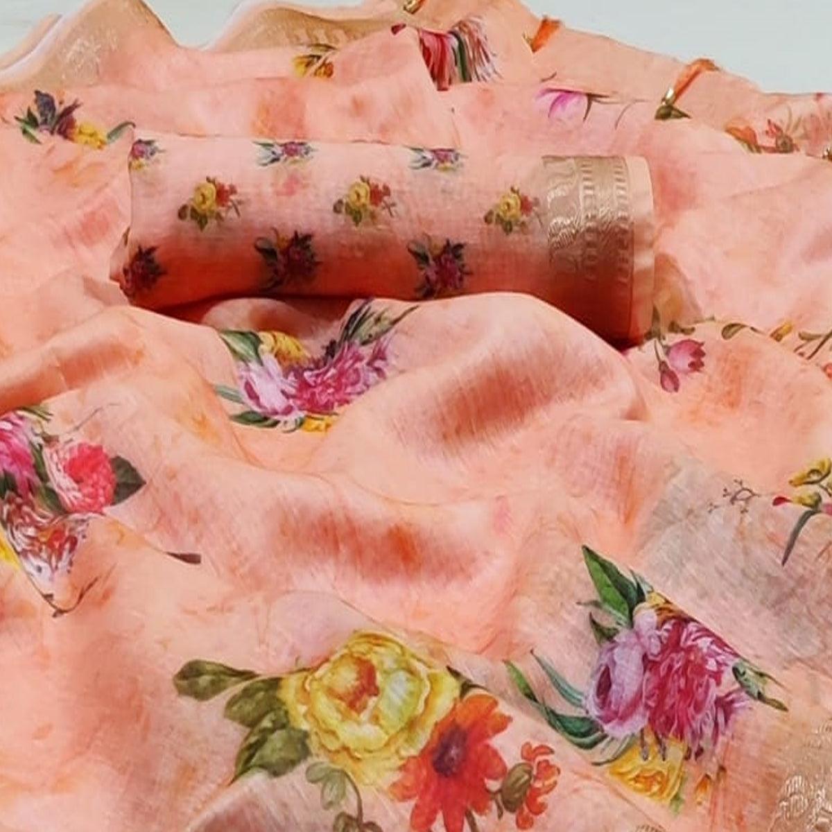 Adorable Peach Colored Casual Wear Floral Printed Silk Saree - Peachmode