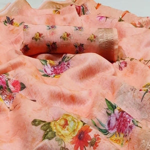 Adorable Peach Colored Casual Wear Floral Printed Silk Saree - Peachmode