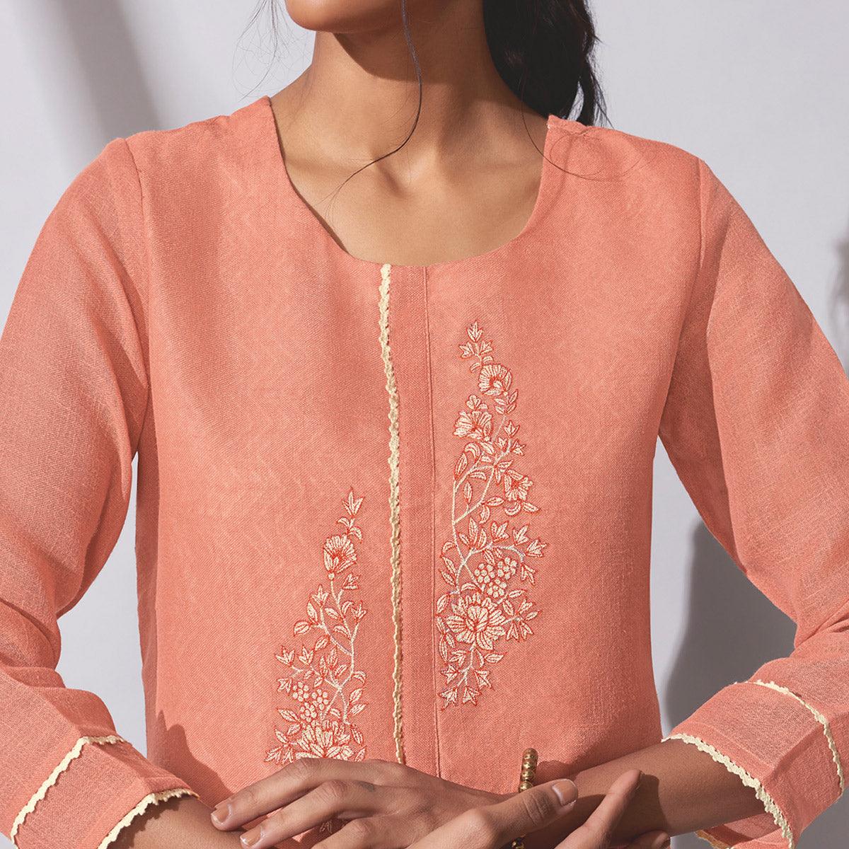 Adorable Peach Colored Party Wear Embroidered Khadi Cotton Kurti-Palazzo Set - Peachmode