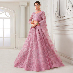 Adorable Pink Colored cording Embroidery Wedding Wear Net Lehenga Choli - Peachmode