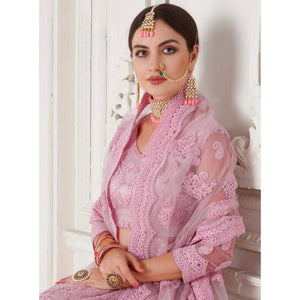 Adorable Pink Colored cording Embroidery Wedding Wear Net Lehenga Choli - Peachmode