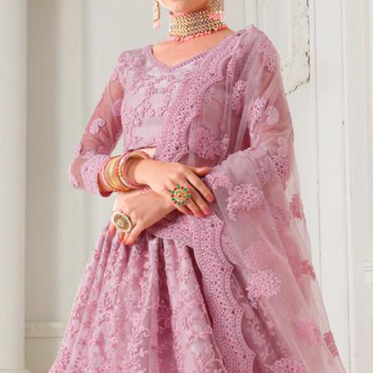 Adorable Pink Colored cording Embroidery Wedding Wear Net Lehenga Choli - Peachmode