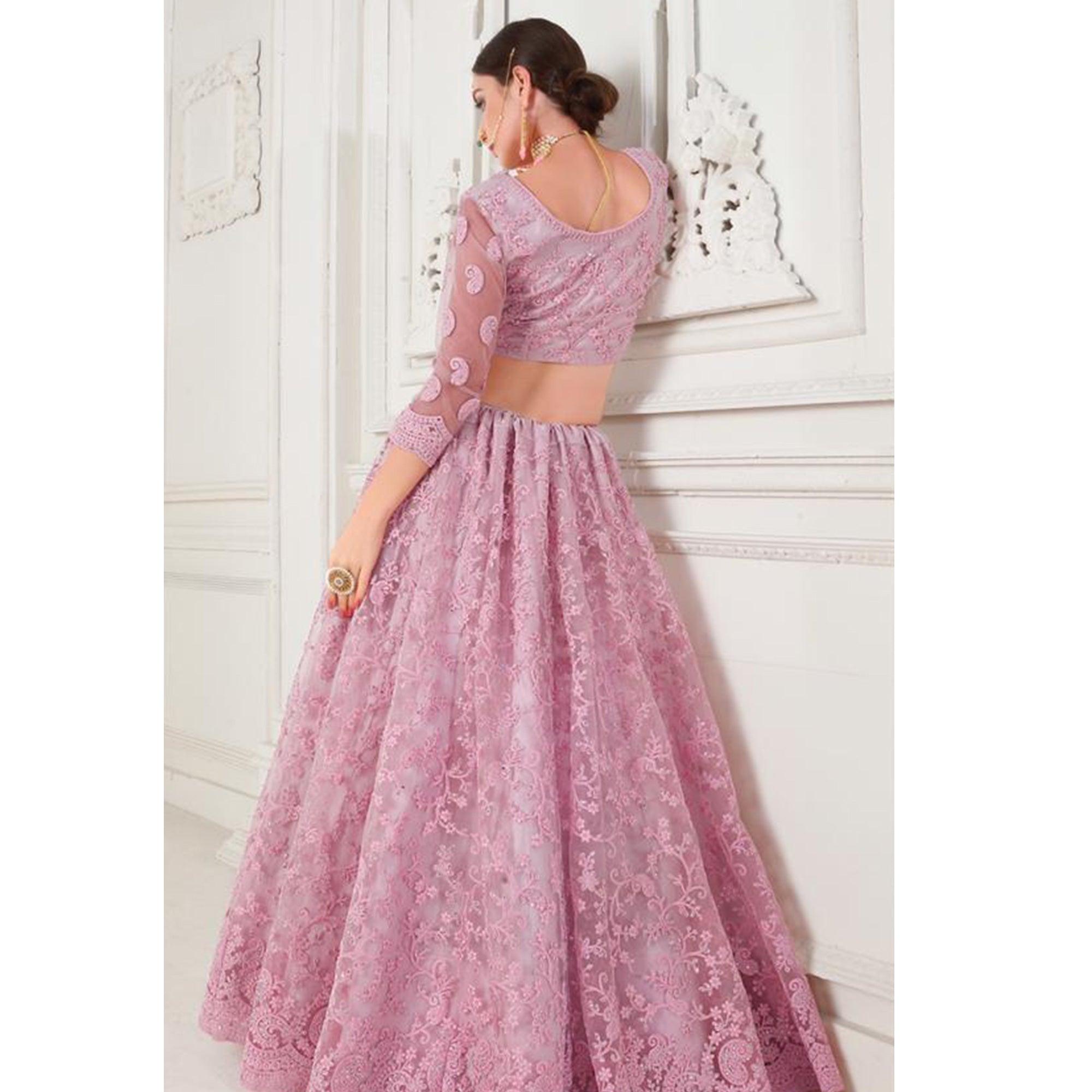 Adorable Pink Colored cording Embroidery Wedding Wear Net Lehenga Choli - Peachmode