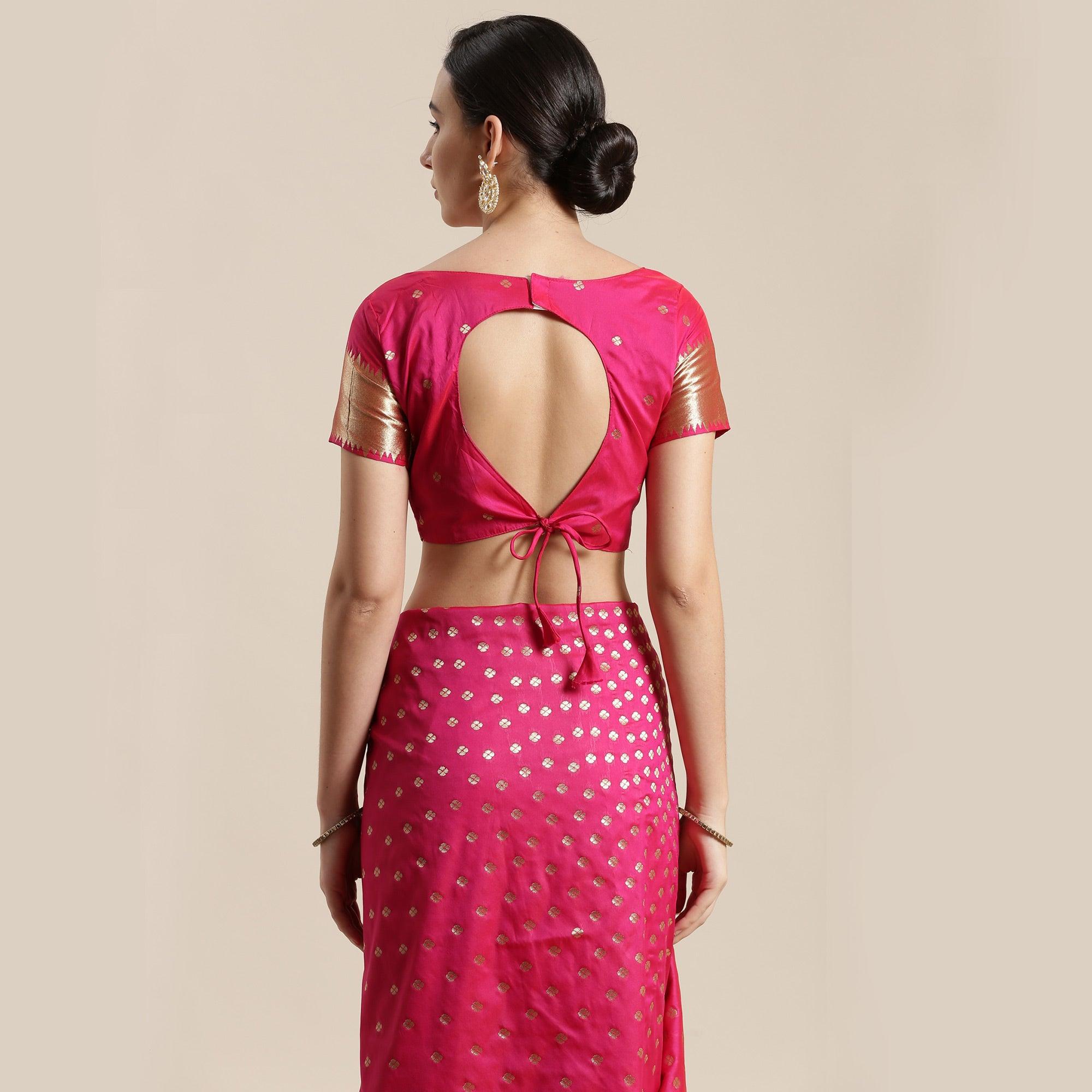 Adorable Pink Colored Festive Wear Silk Blend Woven Geometric Saree With Tassels - Peachmode