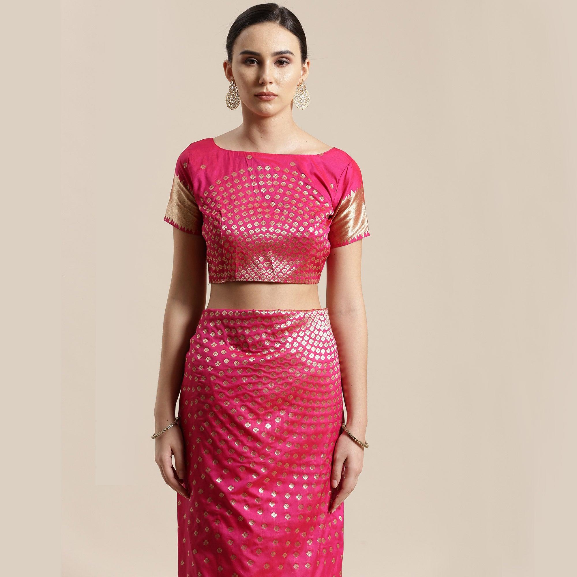 Adorable Pink Colored Festive Wear Silk Blend Woven Geometric Saree With Tassels - Peachmode