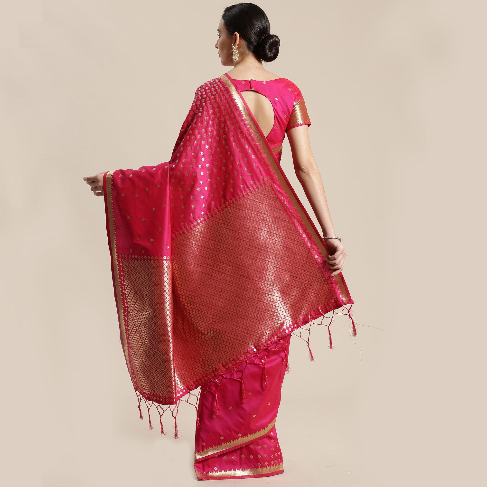 Adorable Pink Colored Festive Wear Silk Blend Woven Geometric Saree With Tassels - Peachmode