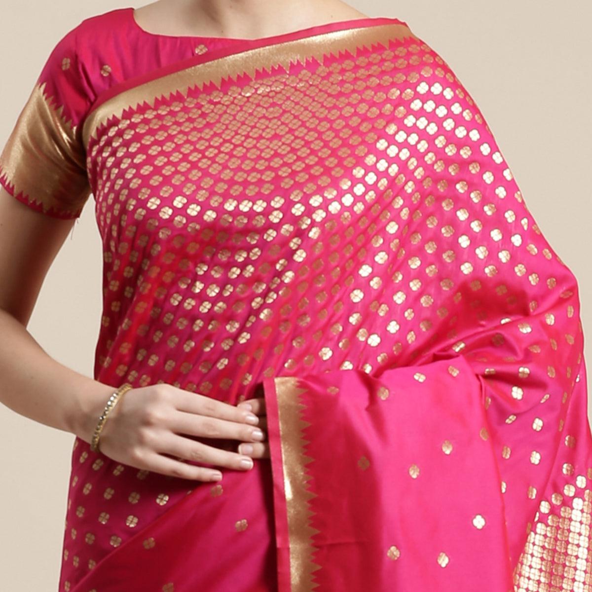 Adorable Pink Colored Festive Wear Silk Blend Woven Geometric Saree With Tassels - Peachmode