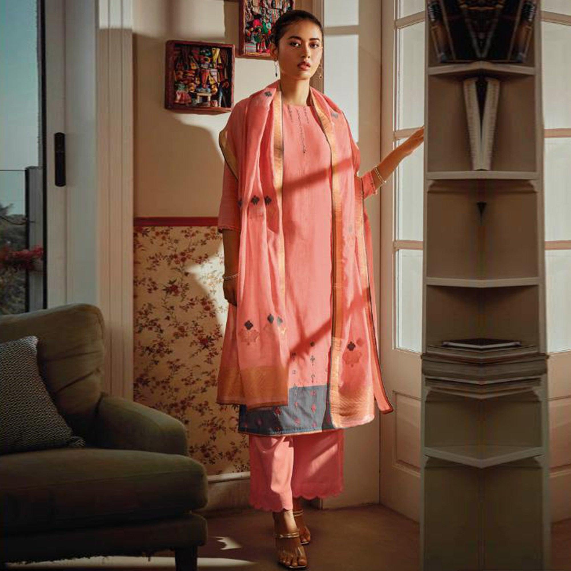 Adorable Pink Colored Partywear Embroidered Pure Silk Suit - Peachmode