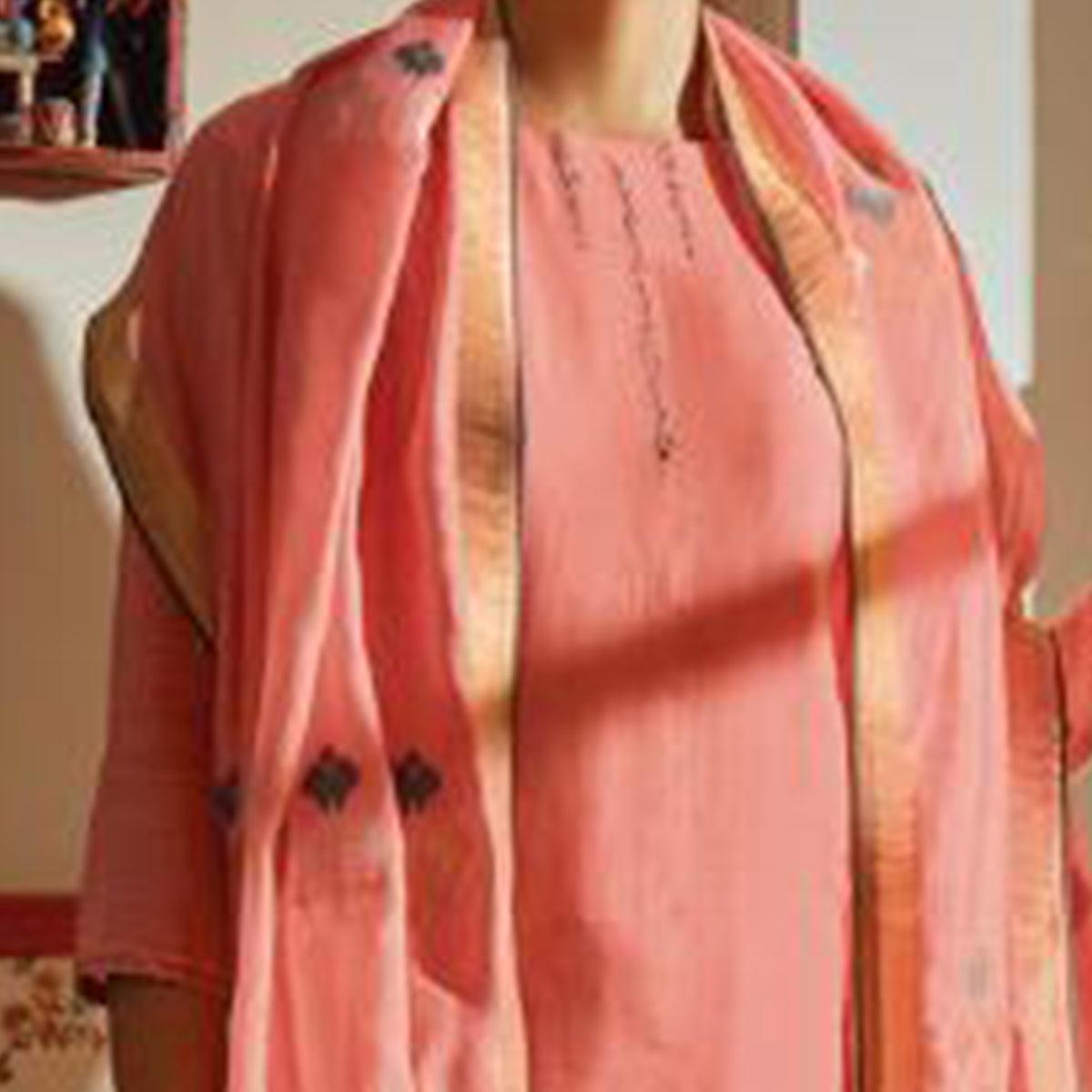 Adorable Pink Colored Partywear Embroidered Pure Silk Suit - Peachmode