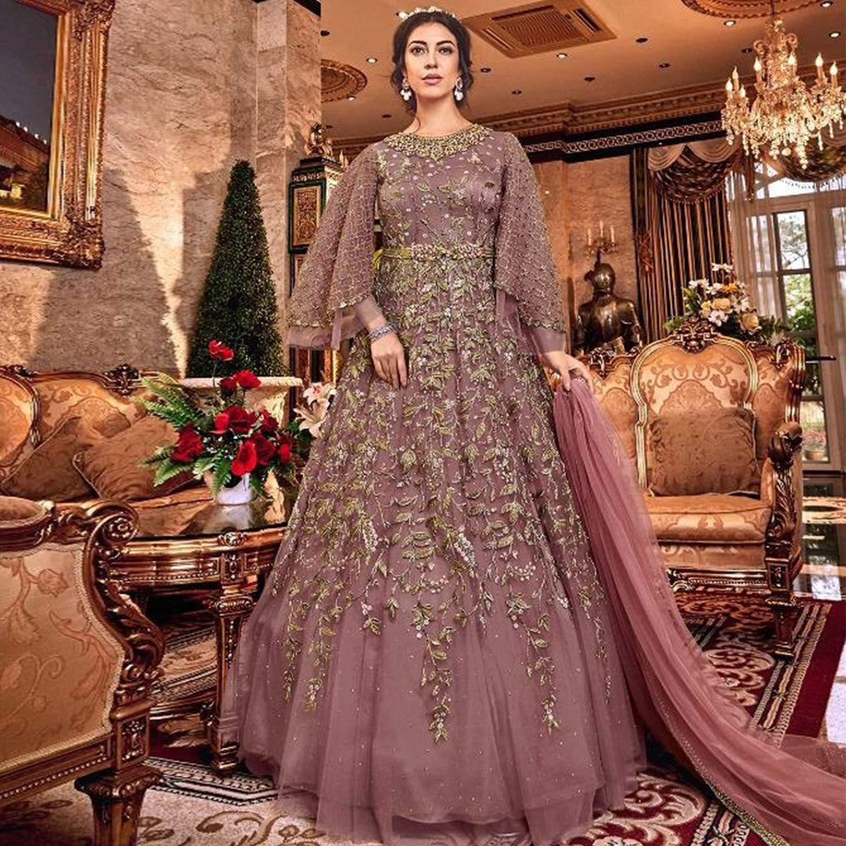 Pink net abaya deals style anarkali suit
