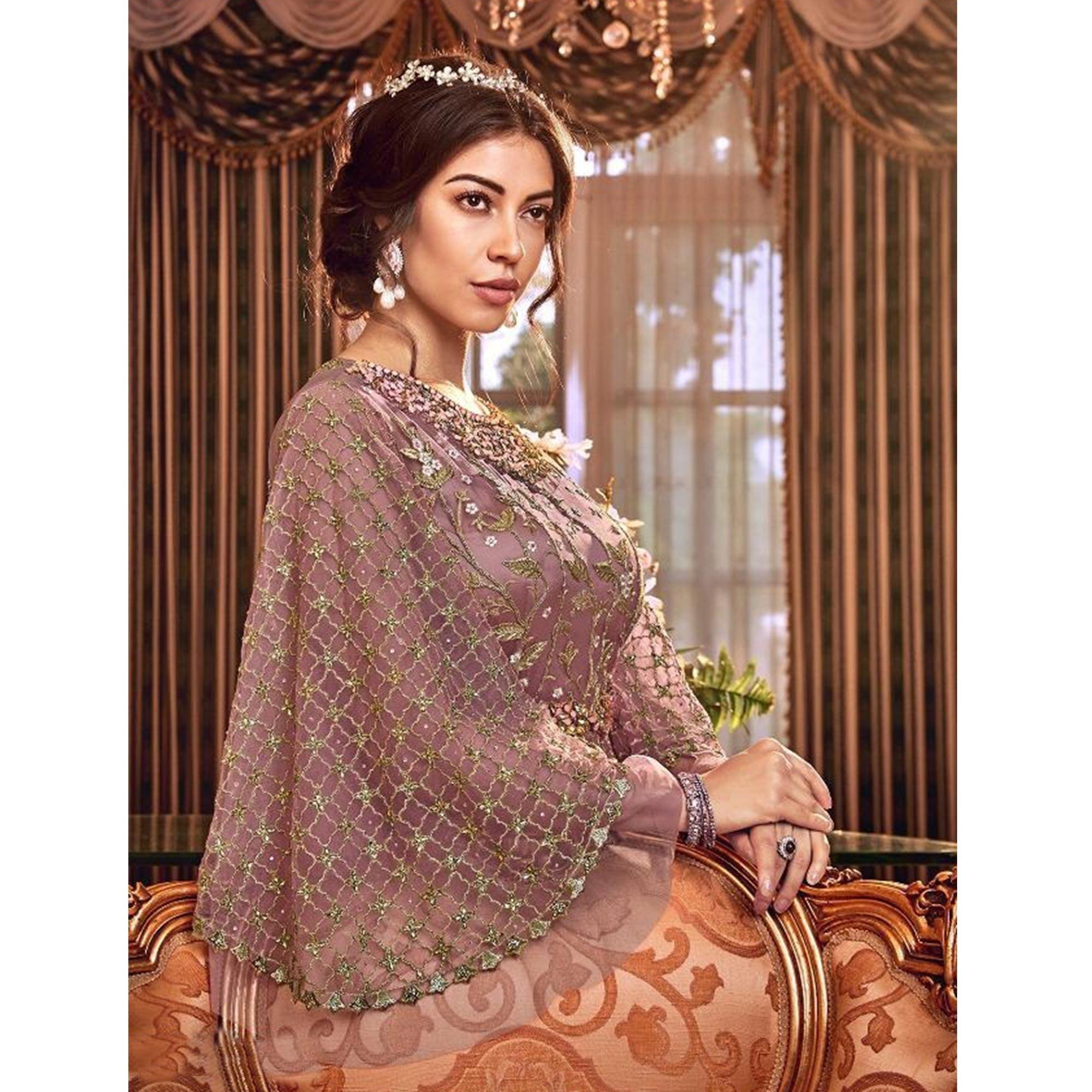 Adorable Pink Colored Partywear Embroidered Soft Net Abaya Style Anark