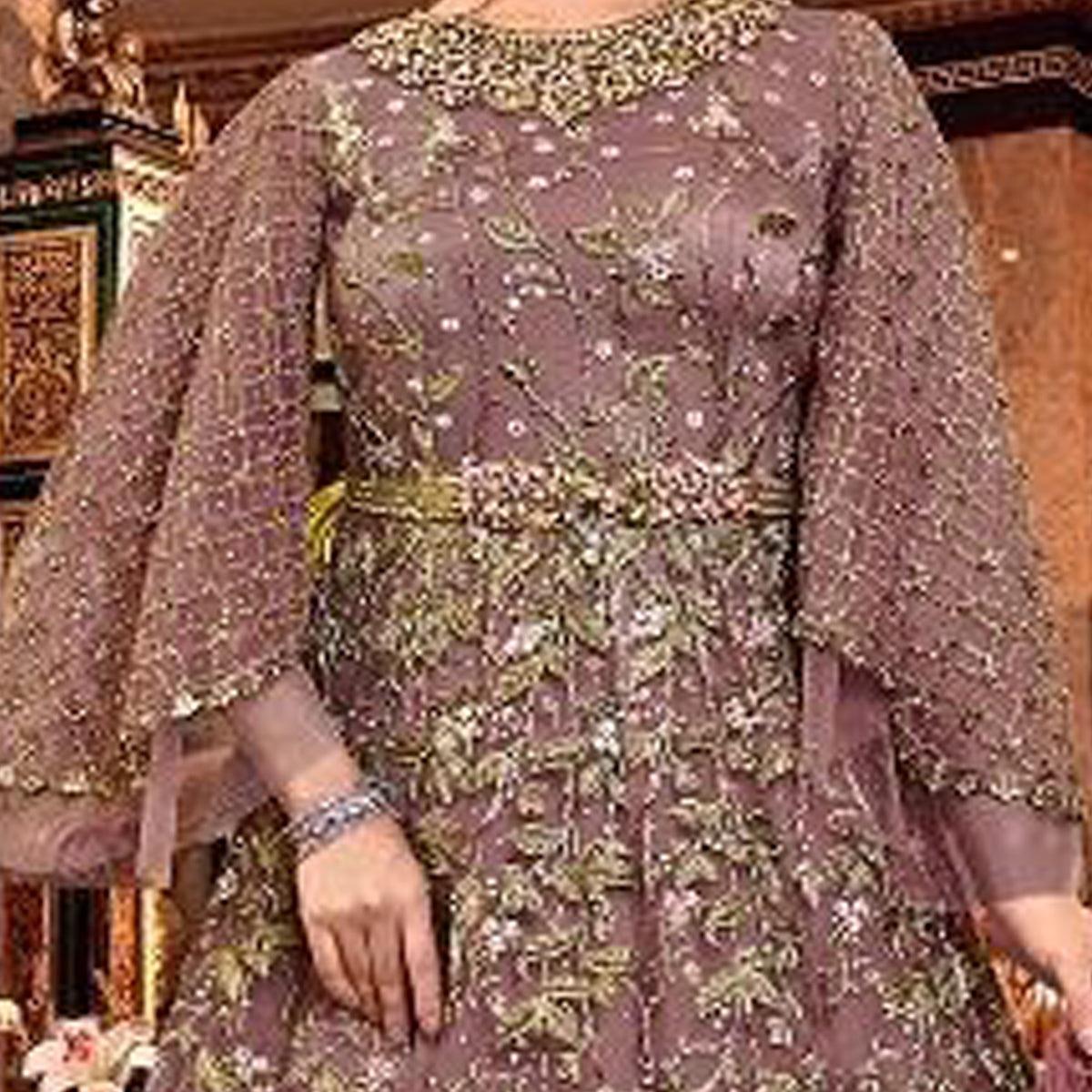Adorable Pink Colored Partywear Embroidered Soft Net Abaya Style Anarkali Suit - Peachmode