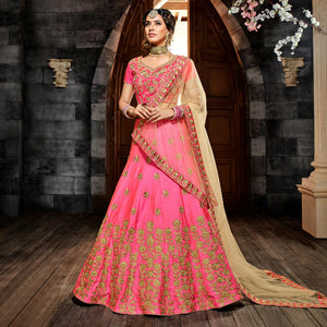 Adorable Pink Colored Wedding Wear Heavy Embroidered Silk Lehenga - Peachmode