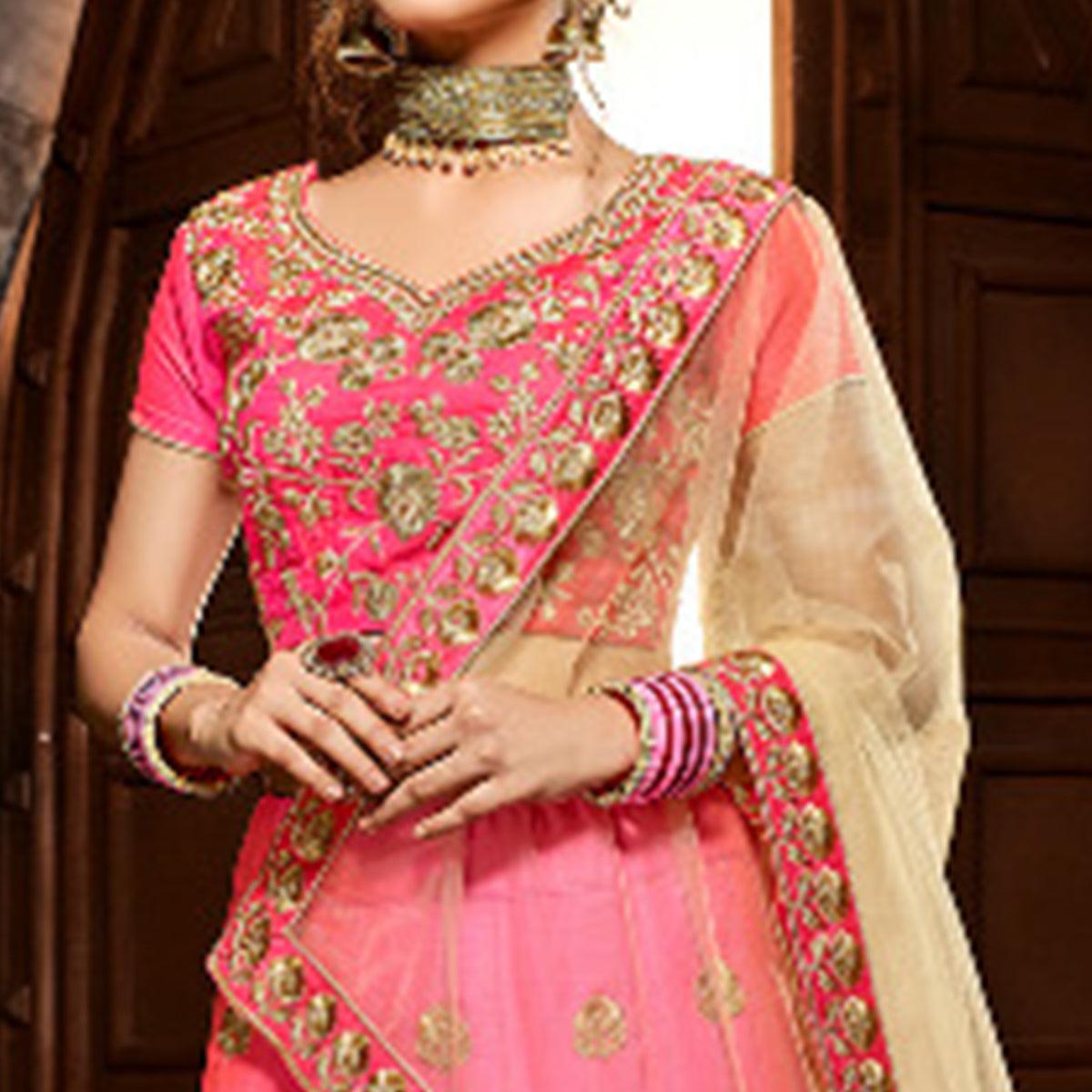 Adorable Pink Colored Wedding Wear Heavy Embroidered Silk Lehenga - Peachmode