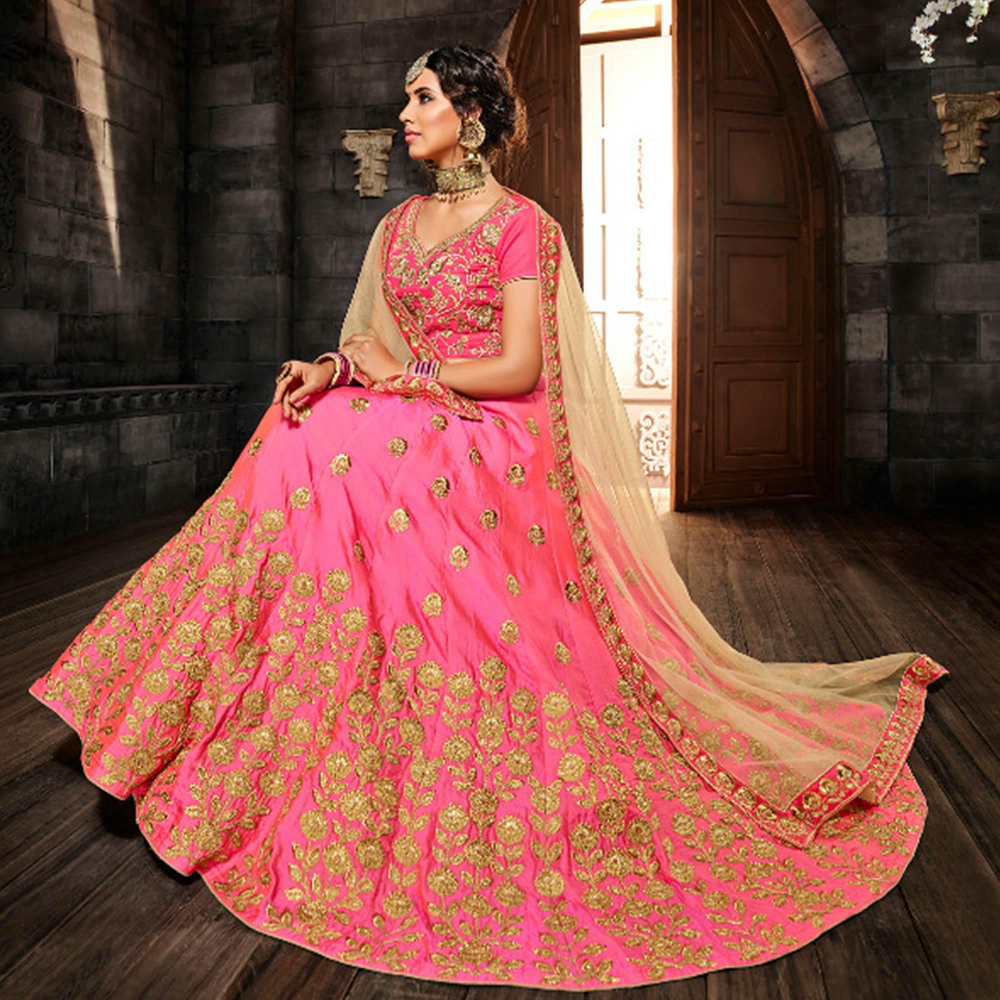 Adorable Pink Colored Wedding Wear Heavy Embroidered Silk Lehenga - Peachmode