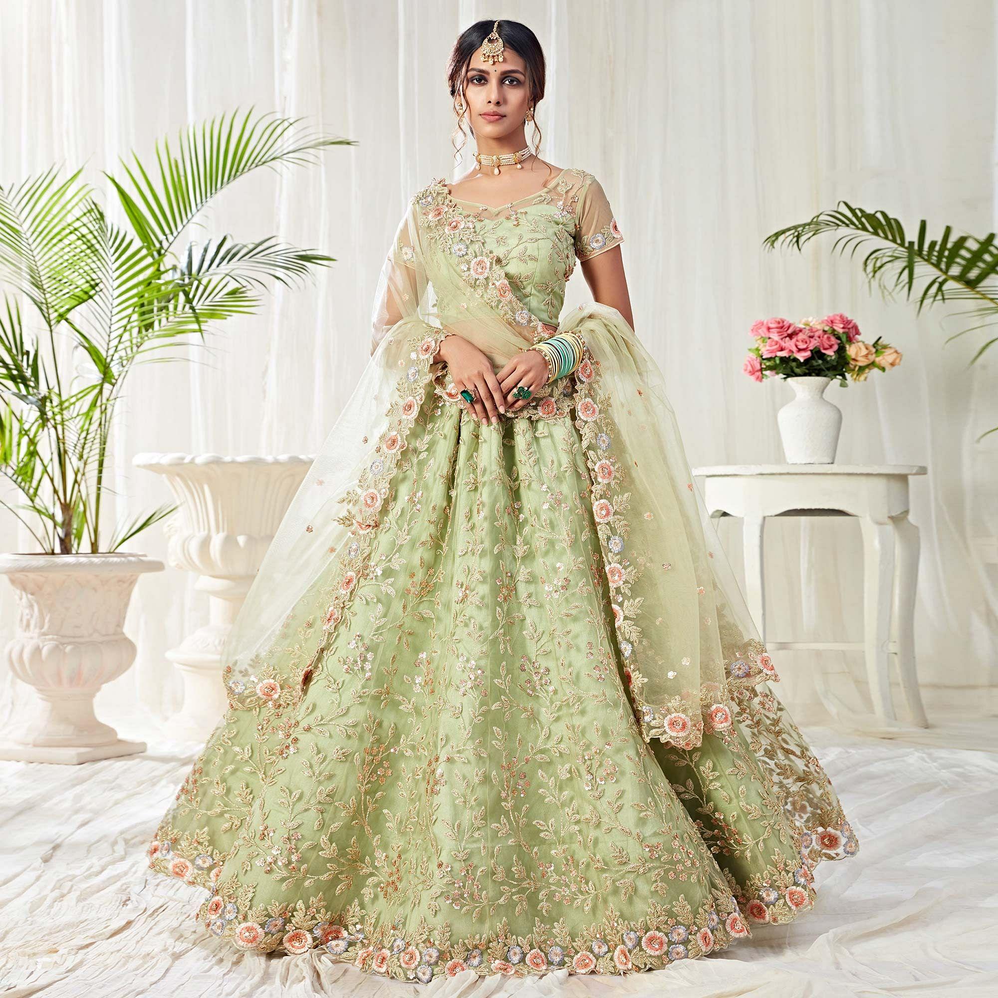 Adorable Pista Green Colored Cording Thread & Sequence Embroidery Designer Wedding Wear Net With Banglori Silk Lehenga Choli - Peachmode