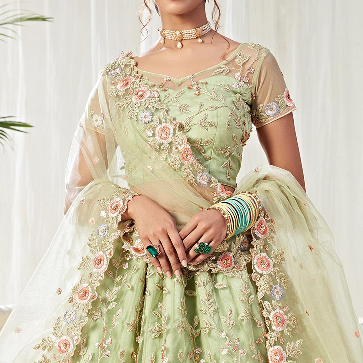 Adorable Pista Green Colored Cording Thread & Sequence Embroidery Designer Wedding Wear Net With Banglori Silk Lehenga Choli - Peachmode