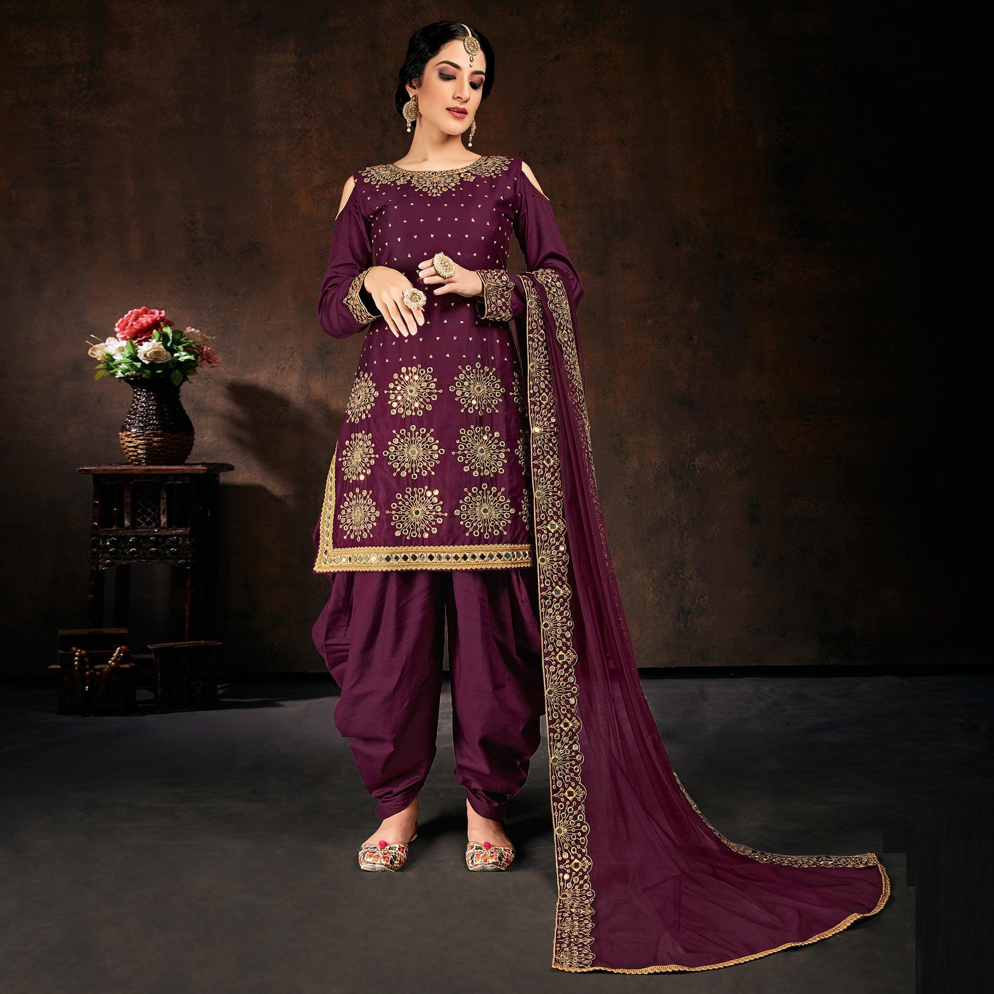 Adorable Purple Coloured Partywear Designer Embroidered Heavy Faux Georgette Patiala Suit - Peachmode