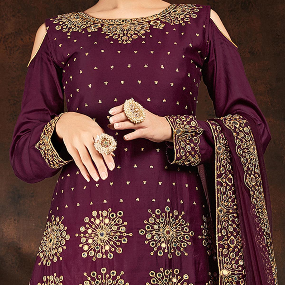 Adorable Purple Coloured Partywear Designer Embroidered Heavy Faux Georgette Patiala Suit - Peachmode