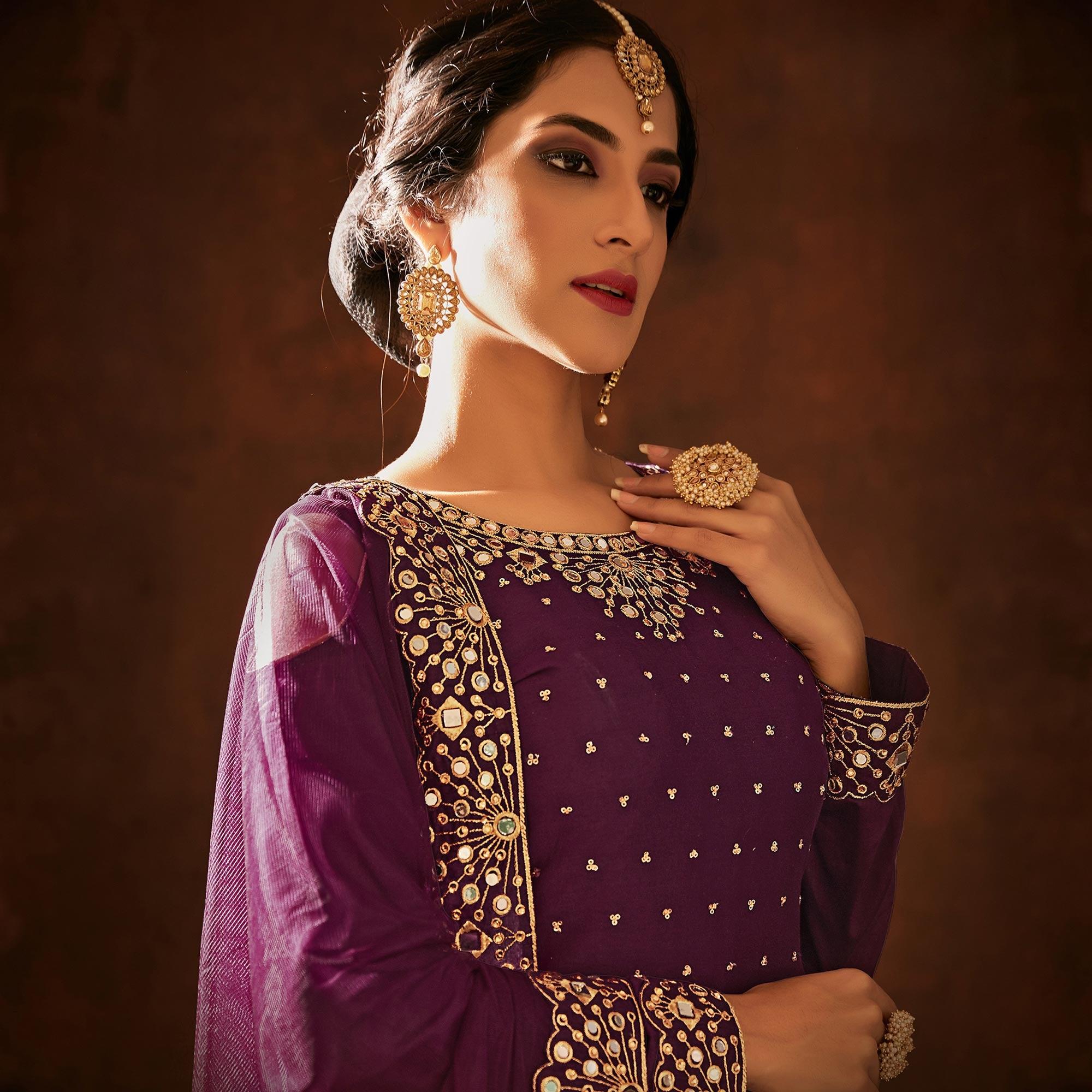 Adorable Purple Coloured Partywear Designer Embroidered Heavy Faux Georgette Patiala Suit - Peachmode