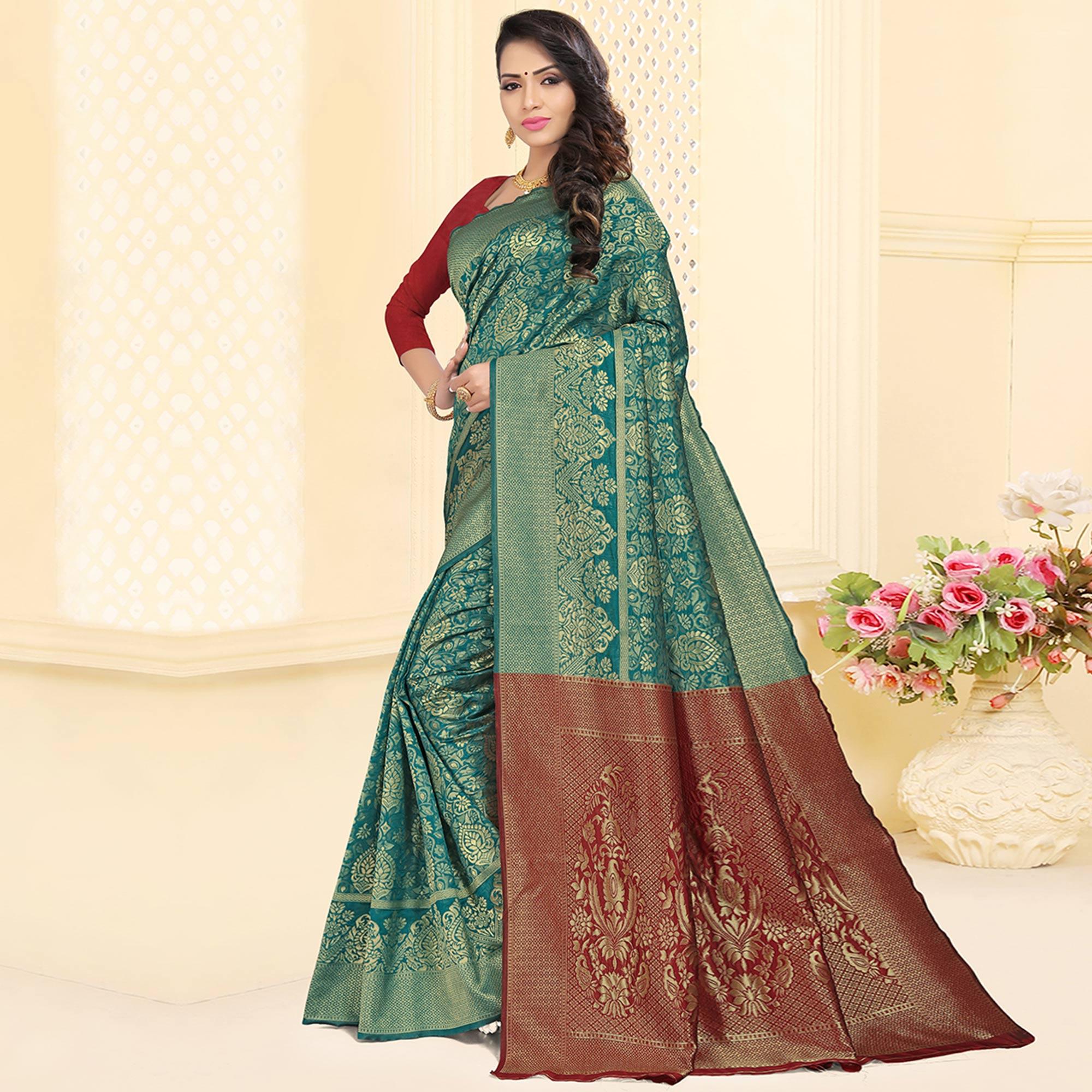 Adorable Rama Blue Colored Festive Wear Woven Silk Jacquard Saree - Peachmode