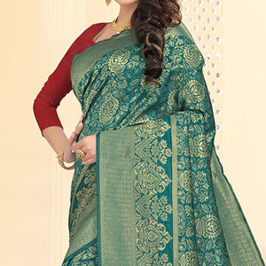 Adorable Rama Blue Colored Festive Wear Woven Silk Jacquard Saree - Peachmode