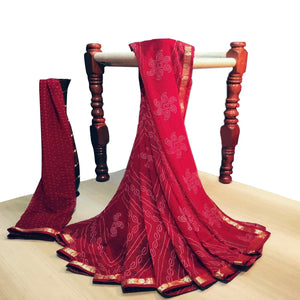 Adorable Red Colored Casual Wear Bandhani Printed Georgette Saree - Peachmode