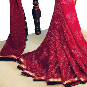 Adorable Red Colored Casual Wear Bandhani Printed Georgette Saree - Peachmode