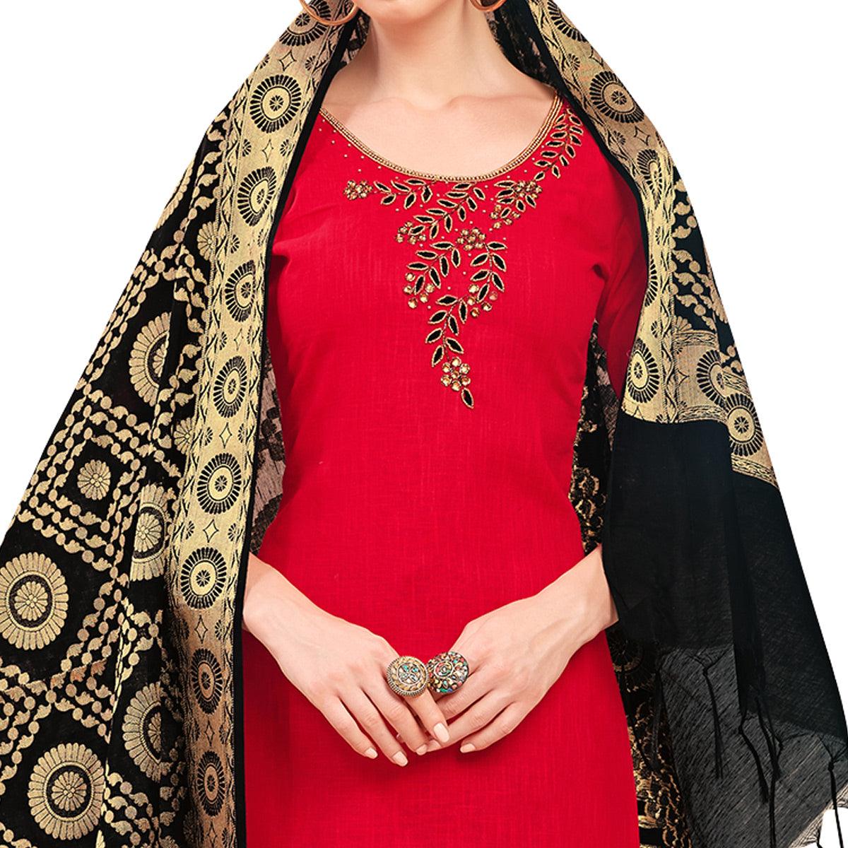 Adorable Red Colored Casual Wear Embroidered Cotton Dress Material With Banarasi Silk Dupatta - Peachmode
