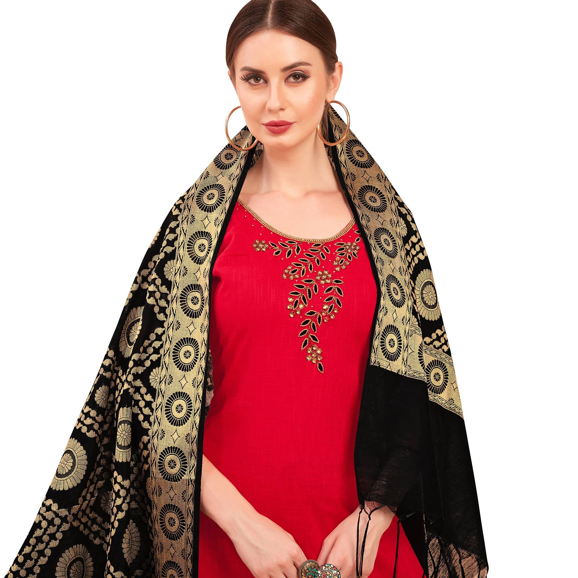 Adorable Red Colored Casual Wear Embroidered Cotton Dress Material With Banarasi Silk Dupatta - Peachmode