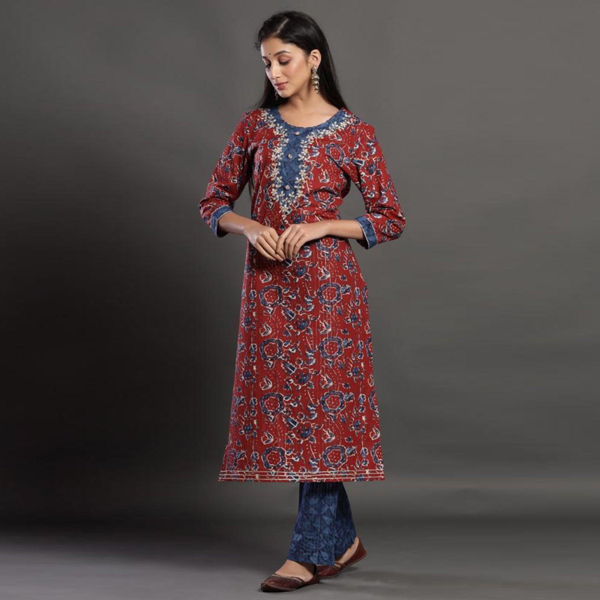 Adorable Red Colored Casual Wear Printed Cotton Kurti - Palazzo Set With Dupatta - Peachmode
