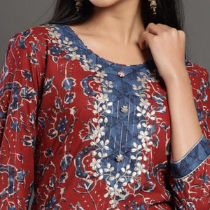 Adorable Red Colored Casual Wear Printed Cotton Kurti - Palazzo Set With Dupatta - Peachmode