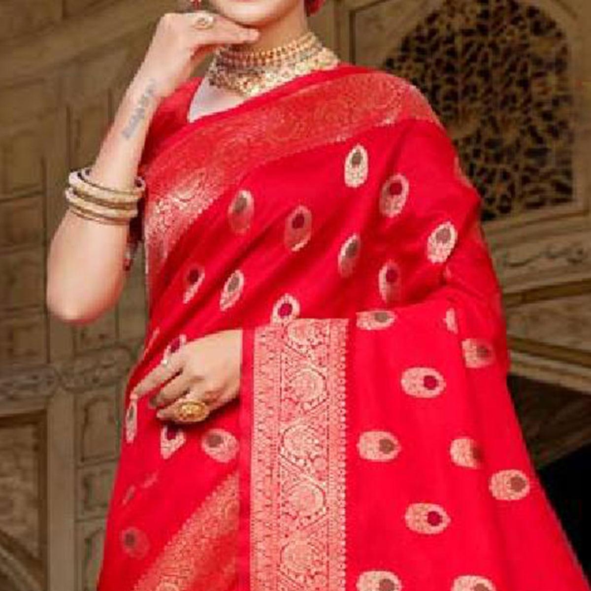 Adorable Red Colored Festive Wear Woven Art Silk Saree - Peachmode