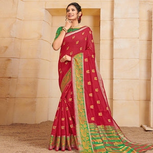 Adorable Red Colored Festive Wear Woven Cotton Saree - Peachmode