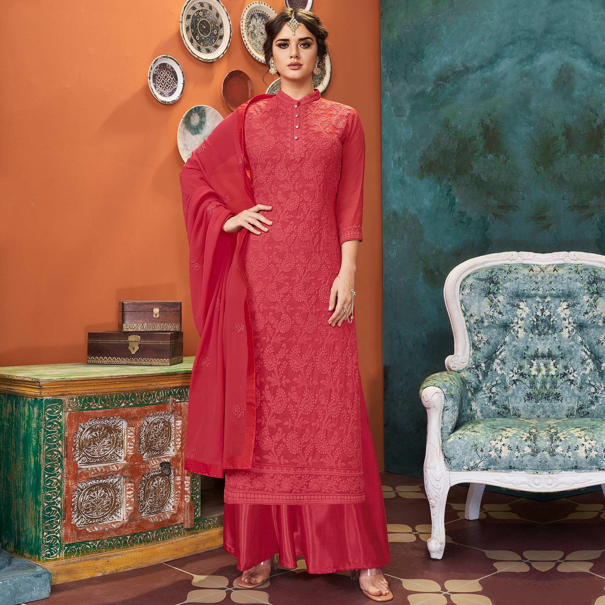 Adorable Red Colored Party Wear Embroidered Faux Georgette Palazzo Suit - Peachmode