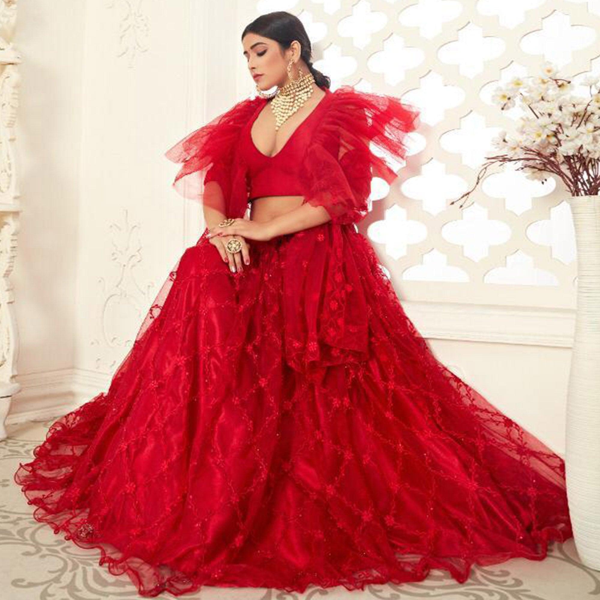 Adorable Red Colored Wedding Wear Thread Embroidered Heavy Net Lehenga Choli - Peachmode