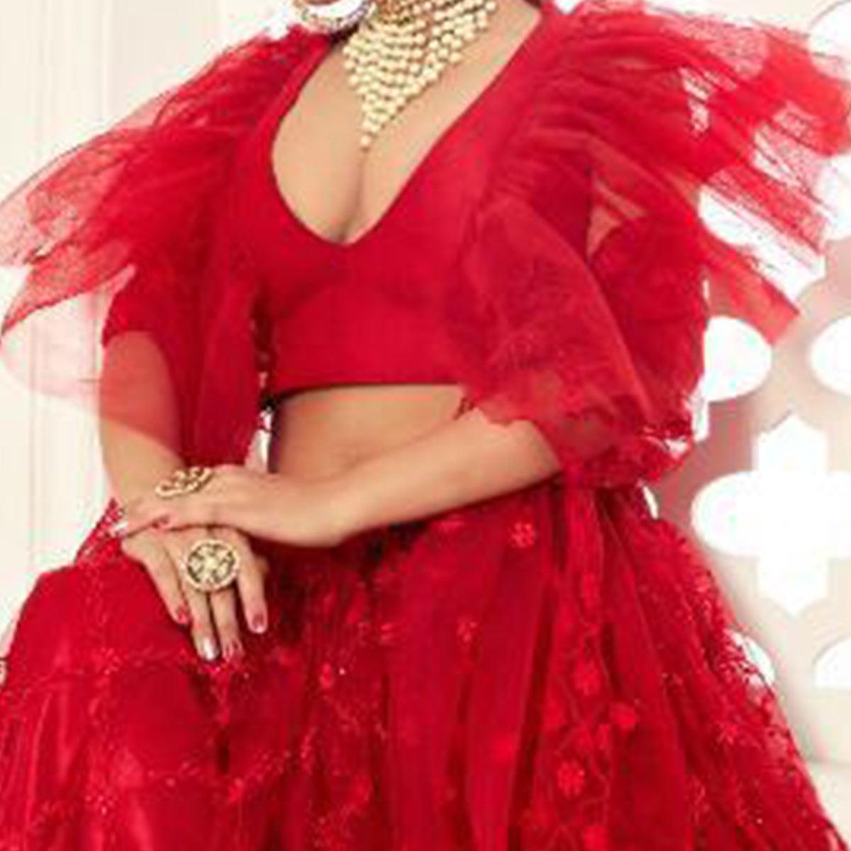 Adorable Red Colored Wedding Wear Thread Embroidered Heavy Net Lehenga Choli - Peachmode