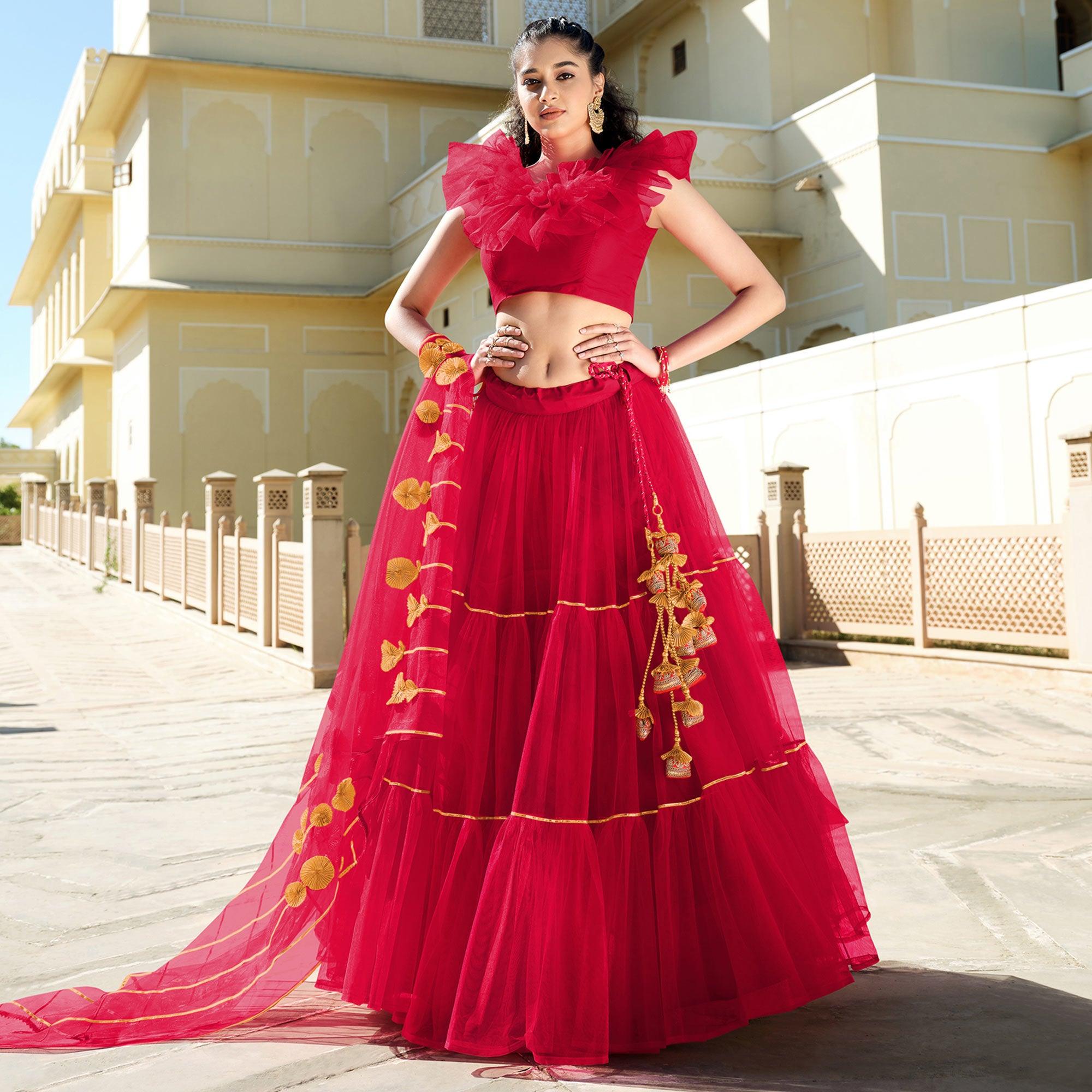 Adorable Rich Red Colored Wedding Wear Designer Gotta Patti Pattern Butterfly Net Lehenga Choli - Peachmode