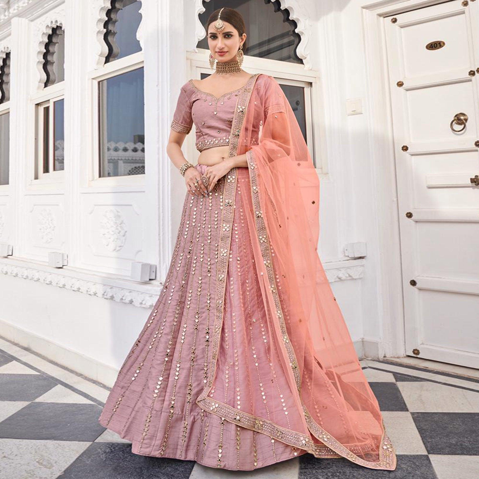 Adorable Rose Pink Wedding Wear Zari Embroidery Heavy Silk Lehenga Choli - Peachmode